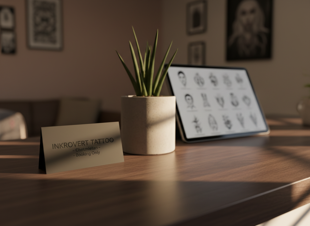A tastefully composed, photographic realism scene of the Inkrovert Tattoo branding presented on a dark wooden counter in a quiet studio reception area. A minimalist black business card with subtle matte lettering reading “Inkrovert Tattoo – Cheltenham – Booking Only” rests beside a small, potted snake plant in a concrete cylinder pot. Behind them, a softly out-of-focus tablet screen displays a monochrome flash sheet of fine-line tattoos. Late afternoon natural light filters through unseen blinds, creating gentle horizontal shadows and warm highlights on the wood grain. Shot from a low, three-quarter angle with shallow depth of field, the mood is calm, exclusive, and welcoming, emphasizing the private, by-appointment experience and professional identity of the studio.
